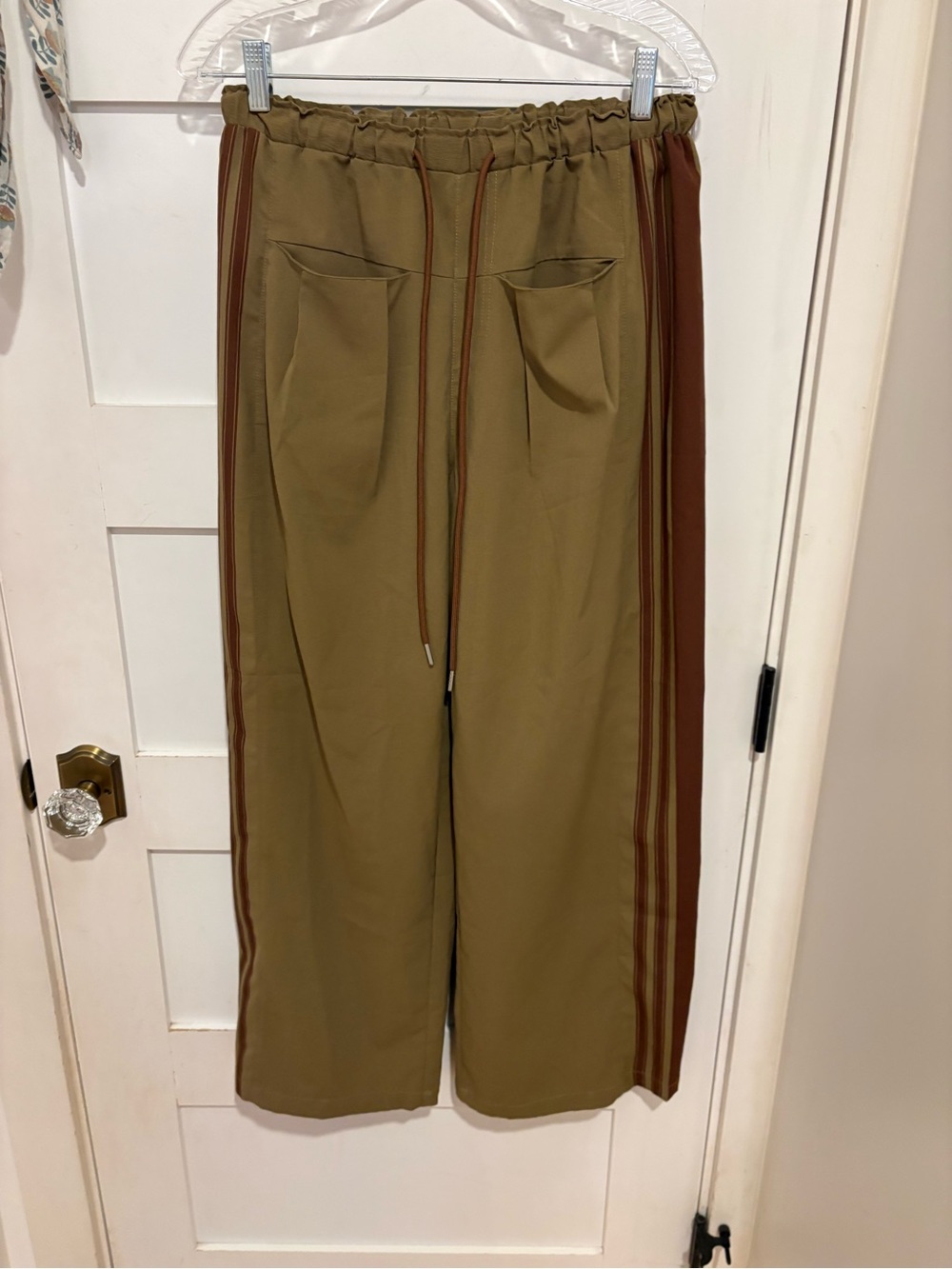 Boutique Olive Straight-Leg Pants with Brown Side Stripes
